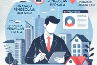 DALL·E 2025-02-14 18.55.37 – Ilustrasi properti modern dengan latar belakang kota, menampilkan seorang pemilik properti yang sedang memeriksa rencana pengelolaan di tablet. Di sek